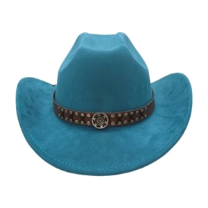 Detail of teal felt cowboy hat featuring a brown band with rivets and gear buckle