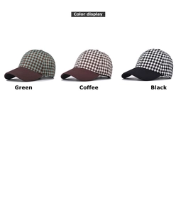 Detailed view of houndstooth baseball caps in green, coffee, and black color options