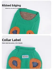 Detail of green pet sweater with rib-knit cuffs and GENTLE DOG brand label
