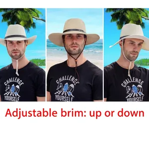 Chapeau de soleil pliable en paille pour homme beige avec ruban noir et bord modulable