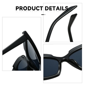 Detailed views of premium black cat-eye sunglasses showing hinges and ergonomic nose pads