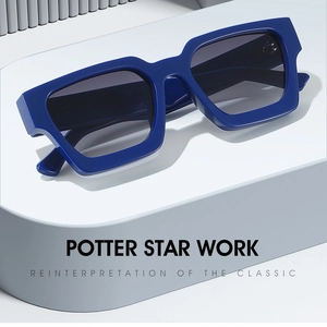 Classic square navy blue sunglasses with thick frames and dark grey gradient lenses
