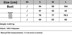 Detailed size chart and 100% polyester fabric info for women's two-piece suit set