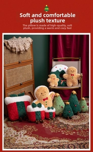 Plush Christmas pillows set featuring gingerbread man and trees on vintage rug decor