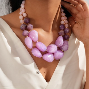 Detail of double-layer chunky resin beads necklace with purple marble texture on model