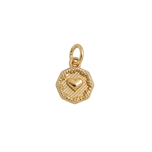 14K gold plated hexagonal pendant with textured heart center and rope edge design