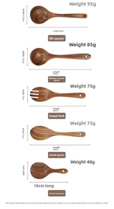 Detailed size chart for acacia wood kitchen utensils including ladles and spatulas