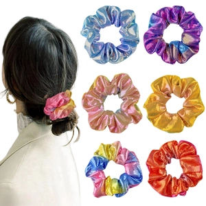 Holographic gradient scrunchies set in various metallic colors for stylish ponytails