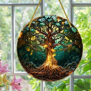 Vibrant Tree of Life stained glass style acrylic circular suncatcher ornament