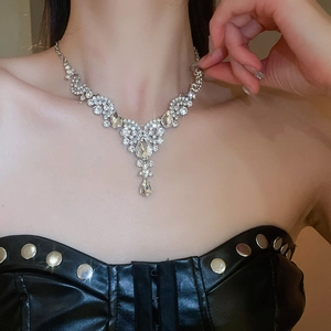 Detailed view of silver crystal teardrop necklace worn on model for luxury formal attire