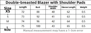 Detailed size chart for double-breasted shoulder padded blazer jacket and high waist pants