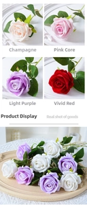 Close-up detail of velvet artificial roses in champagne, pink, purple and red colors