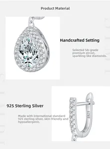 Close-up of S925 sterling silver stamp and pear-cut cubic zirconia drop earring detail