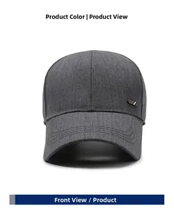 Detailed view of the dark gray baseball cap with high-density twill fabric and metal plate