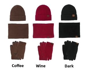 Close-up of ribbed knit winter set with thick lining and touchscreen glove details