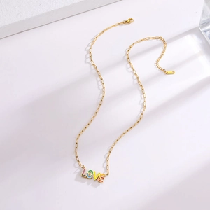 Golden LOVE titanium steel necklace featuring colorful enamel pendants and lobster clasp
