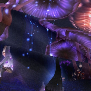 Close-up of bohemian mushroom tapestry fabric with fantasy glowing neon prints