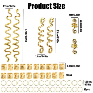 Size chart showing gold snake hair coils and dreadlock accessory ring dimensions