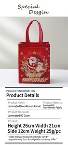 Detailed size specifications for 90g laminated Christmas non-woven gift bag with Santa print