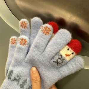 Winter touch screen knitted gloves with snowman and snowflake pattern in light blue