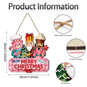 Pink nutcracker and bear wooden Merry Christmas hanging sign for wall home decor