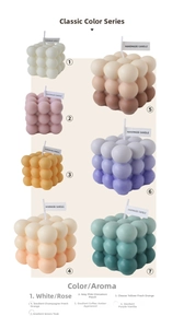 Detailed view of bubble cube candles in seven various colors and scents with labels