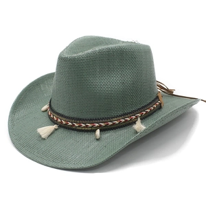Classic sage green western cowboy straw hat with ethnic beaded trim and shell details