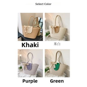 Detail of woven tote bags in khaki, beige, purple and green with lace bow accents