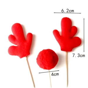 Red reindeer antler and nose cake topper set with dimensions 6.2cm, 7.3cm, and 4cm