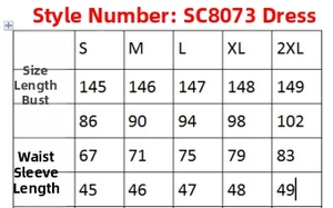 Detailed size chart for the off-shoulder sequin fishtail dress in sizes S to 2XL