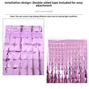 Macro detail of purple metallic square foil curtain with self-adhesive backing tape