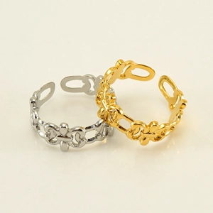 Adjustable hollow chain pattern open rings in gold and silver stainless steel