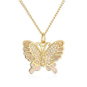 Detail of 18K gold butterfly necklace with zircon stones and enamel wings with shadow