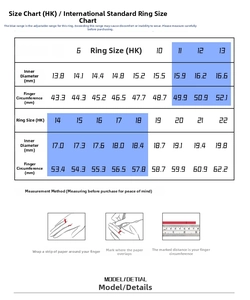 Detailed size chart for star-studded adjustable ring with HK sizing and measurement guide
