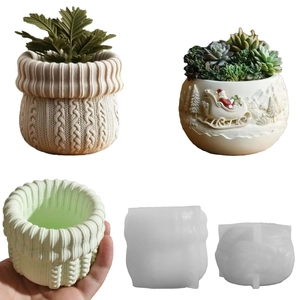 Christmas Relief Santa Claus Knitted Texture Flower Pot Silicone Mold DIY Candle Holder Plaster Resin Craft Making