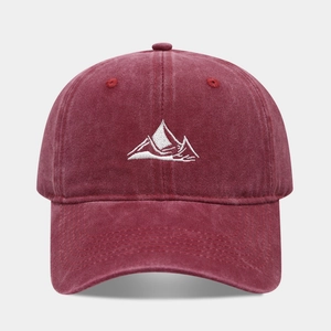 Vintage washed burgundy baseball cap with white mountain embroidery for outdoor casual wear