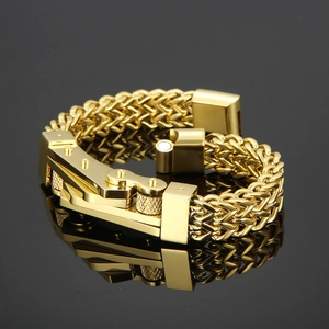 Detailed close-up of a gold-plated stainless steel biker chain bracelet with magnetic clasp