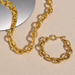 Chunky gold 18k plated stainless steel chain necklace and bracelet set with OT clasp