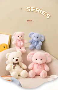 Detailed group shot of plush teddy bears and elephants from the Angel Series collection