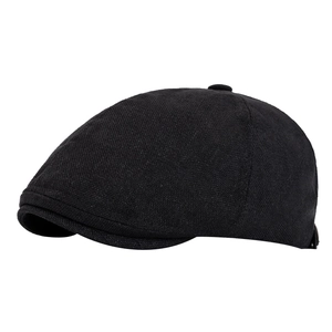 Classic black flat cap for men and women with breathable woven texture on white background