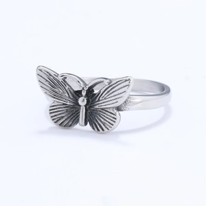 Vintage silver 3D butterfly ring with textured oxidized finish and polished band for women