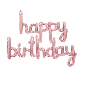 Pink foil balloon letters forming Happy Birthday phrase with metallic luster finish