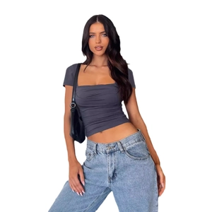 Women's slim fit square neck ruched t-shirt in dark grey paired with light blue jeans