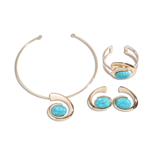 Golden bohemian jewelry set featuring twisted oval blue turquoise necklace ring and earrings