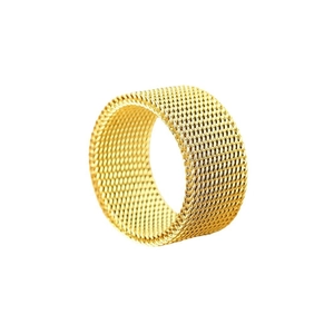 Minimalist 10mm wide mesh woven ring in polished gold stainless steel for a stylish look