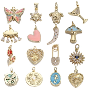 Pendentif En Cuivre Plaqué Or Charme DIY Fabrication De Bijoux Zircon Email Coquillage Papillon Cœur Champignon Accessoires