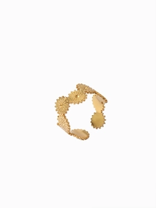 Detailed view of adjustable 18k gold plated ring featuring vintage textured disk charms