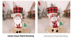 Detail of Santa and Snowman Christmas stockings with buffalo plaid and dangling legs