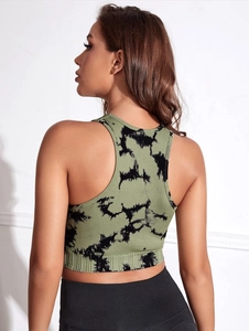 Detailed back view of green tie-dye racerback sports vest in ribbed knit fabric