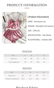 Detailed size chart for pink silk pajama set including sling top and shorts measurements